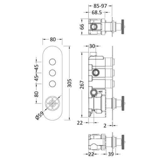 Hudson Reed Industrial Push Button Triple Outlet Shower Valve - Image 2